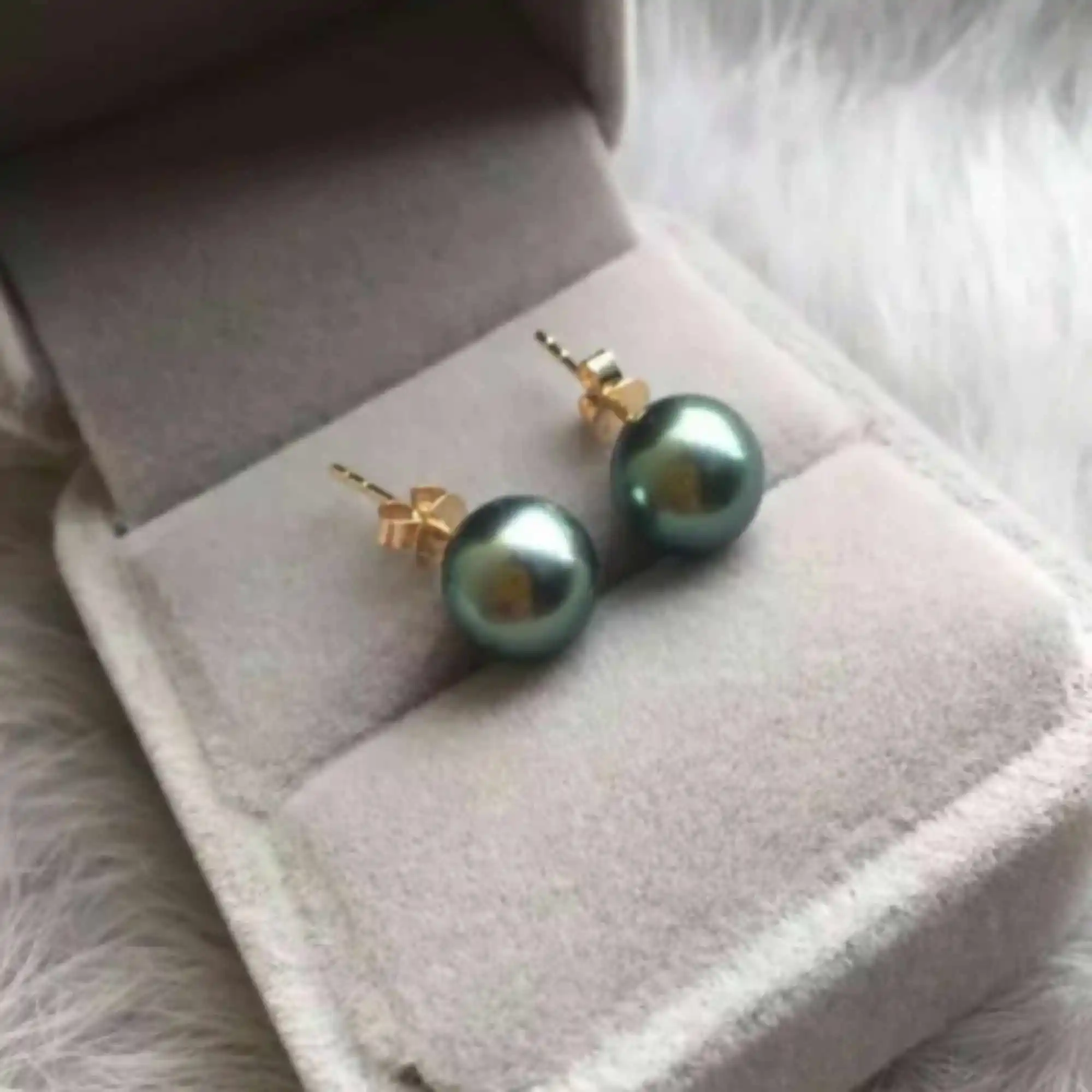 10mm Natural black green Tahitian round pearl 14K gold earrings Thanksgiving Aquaculture Wedding Gift Halloween