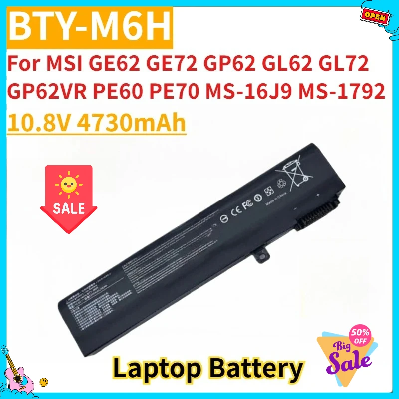 

Новый сменный аккумулятор для ноутбука 10,8 В 4730 мАч BTY-M6H для MSI GE62 GE72 GP62 GL62 GL72 GP62VR PE60 PE70 MS-16J9 MS-1792 MS-1795