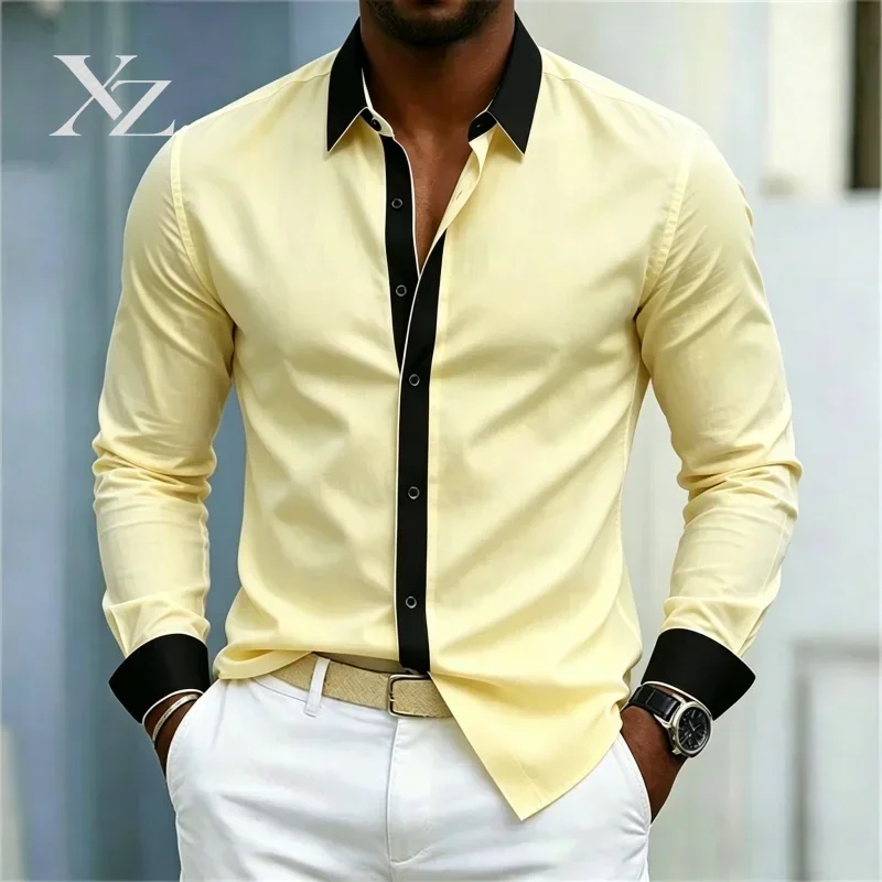 Men's Slim Fit Long Sleeve Lapel Shirt Black White Contrast Splicing Business Casual Top XS-6XL