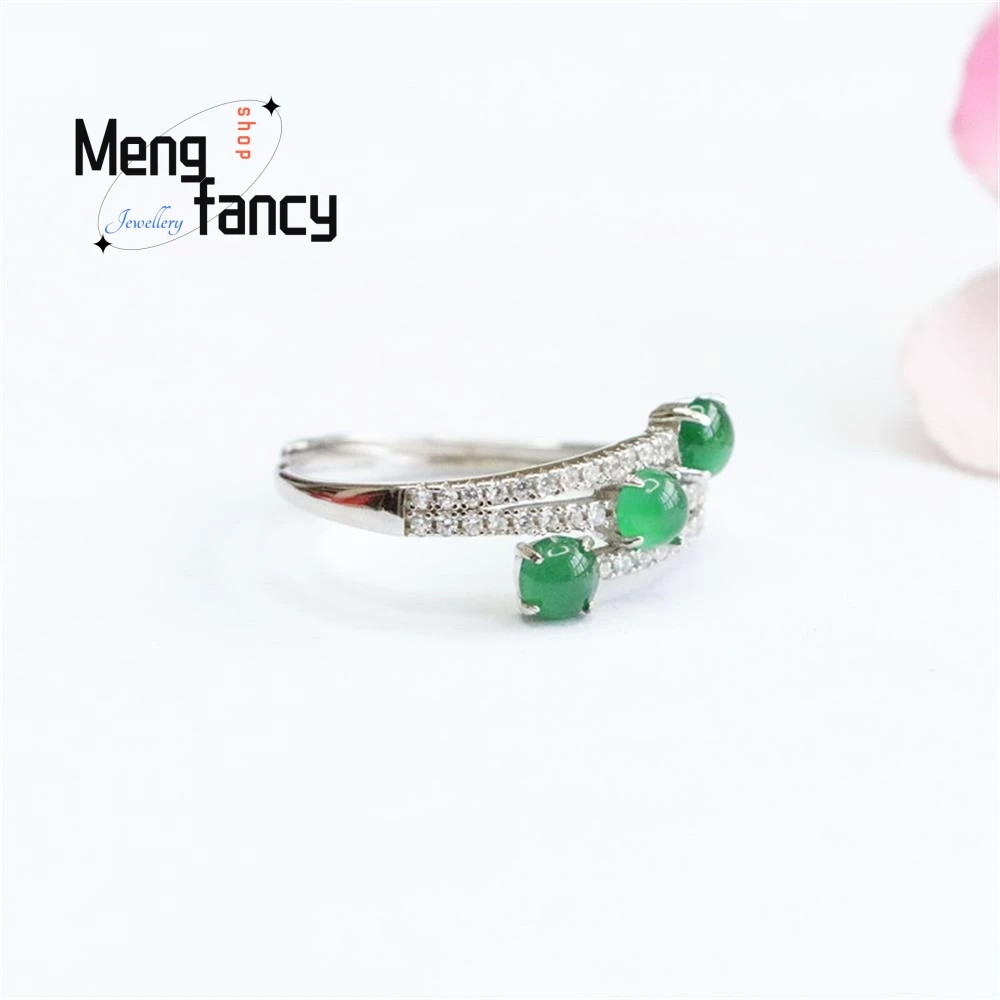 S925 Silver Lnlaid Natural Jadeite Ice Green Three Lives Ring Exquisite Elegant Simple High-grade Couple Luxury Quality Jewelry