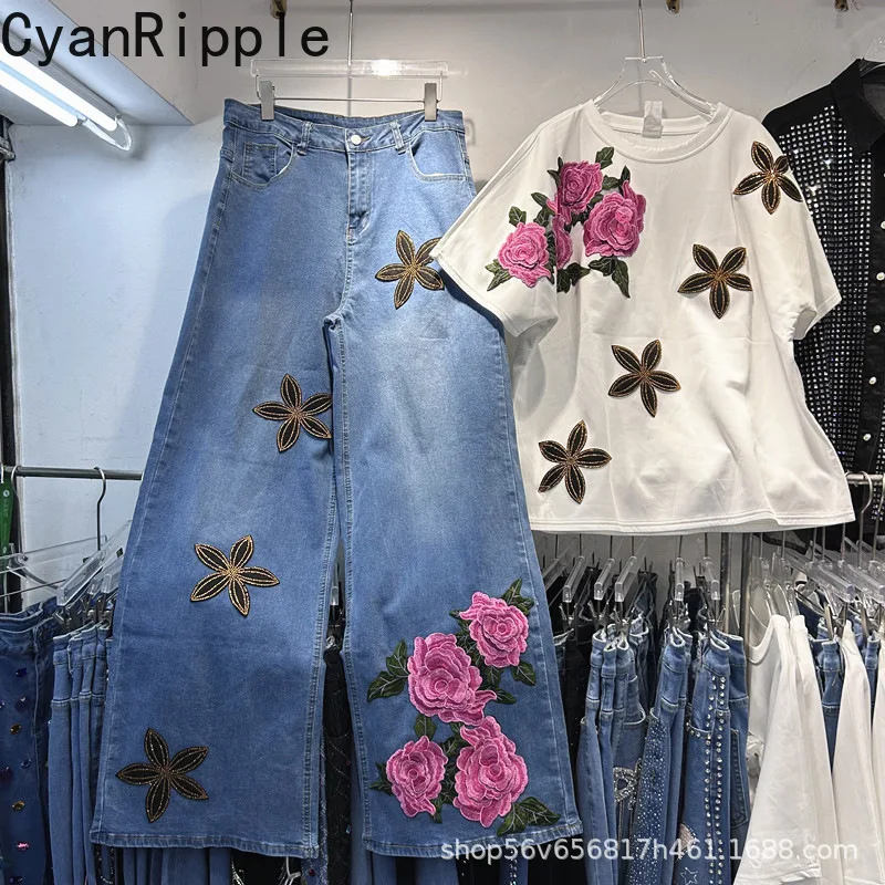 

New Spring Summer Women Two-piece Set Rose Embroidery Loose Short Sleeve T-shirt Top + High Waist Wide Leg Casual Straight Pants