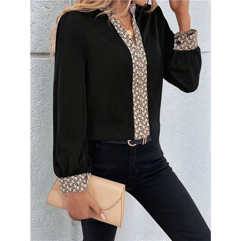 ABP-Damesblouse met lange mouwen V-hals Tops Werk Business Casual shirts