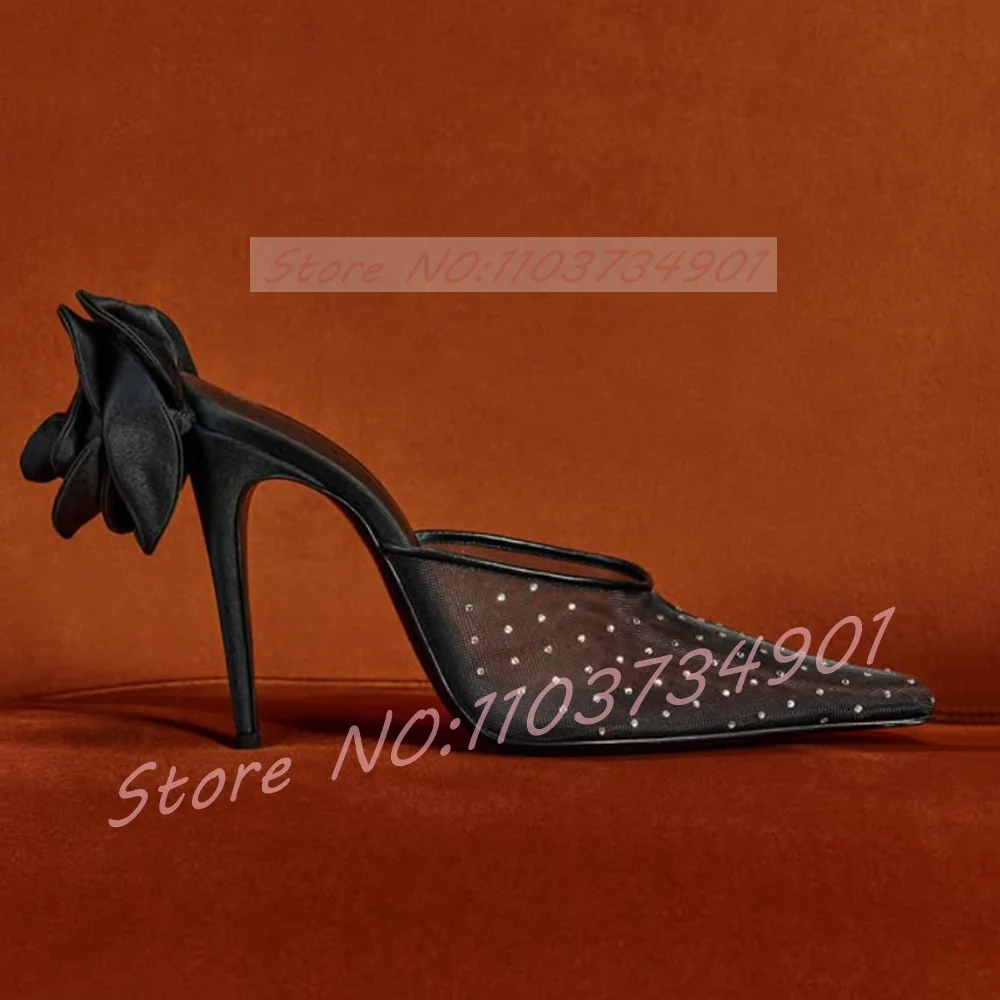 Mesh Crystals Slippers Women Classy White Floral Pointed Toe Pearl See-through High Heels Slippers Ladies Wedding Party Shoes