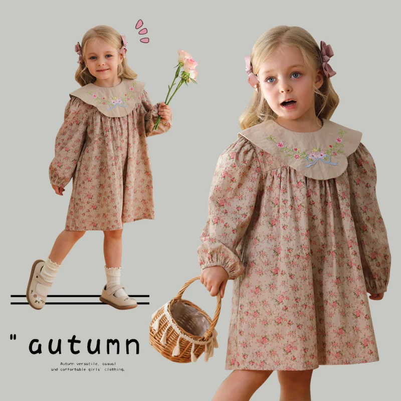 2024Autumn Girls Vintage Floral Doll Collar Flowers Embroidery Sweet Children Princess Dress