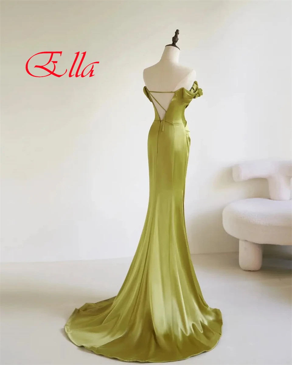 Customized Exquisite Green Satin Evening Dress Delicate Strapless Off the Shoulder Sleeveless Zipper Back Special Occasion Gowns