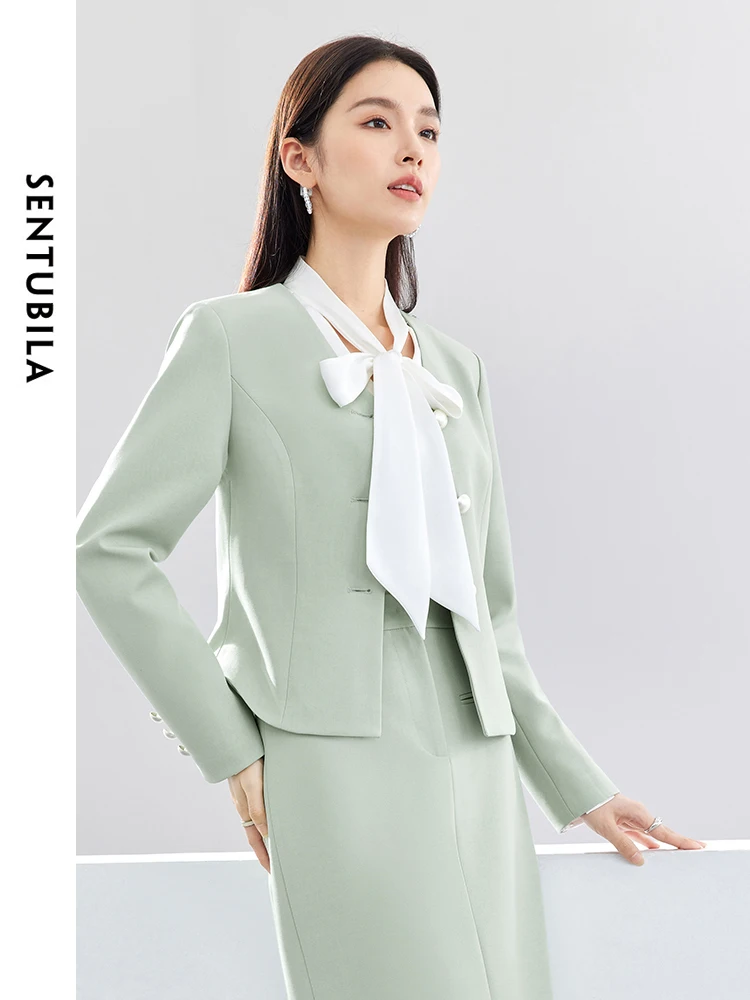 SENTUBILA V-neck Casual Blazers dla kobiet Elegancka błyszcząca marynarka z guzikami 2024 Wiosna Jesień Zielona przycięta marynarka 141X53008