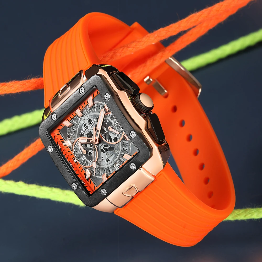 ساعة MEGIR كوارتز كرونوغراف للرجال، مقاومة للماء، رياضية مضيئة، متعددة الوظائف، حزام سيليكون، تاريخ تلقائي