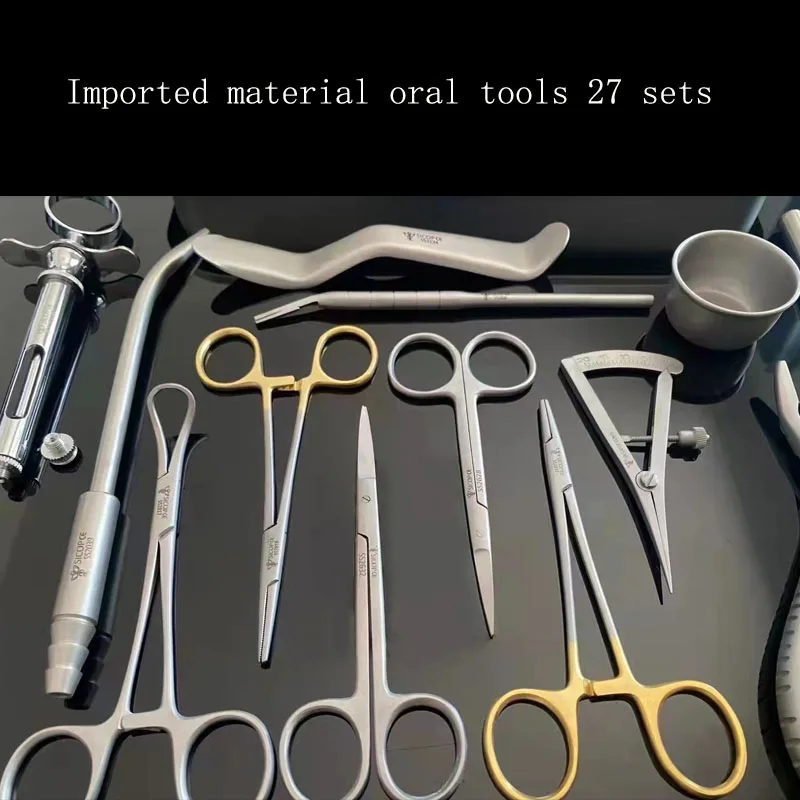 Oral implantation tools and instruments 27-piece oral tool kit implantation set needle holder rongeur separator to suck saliva