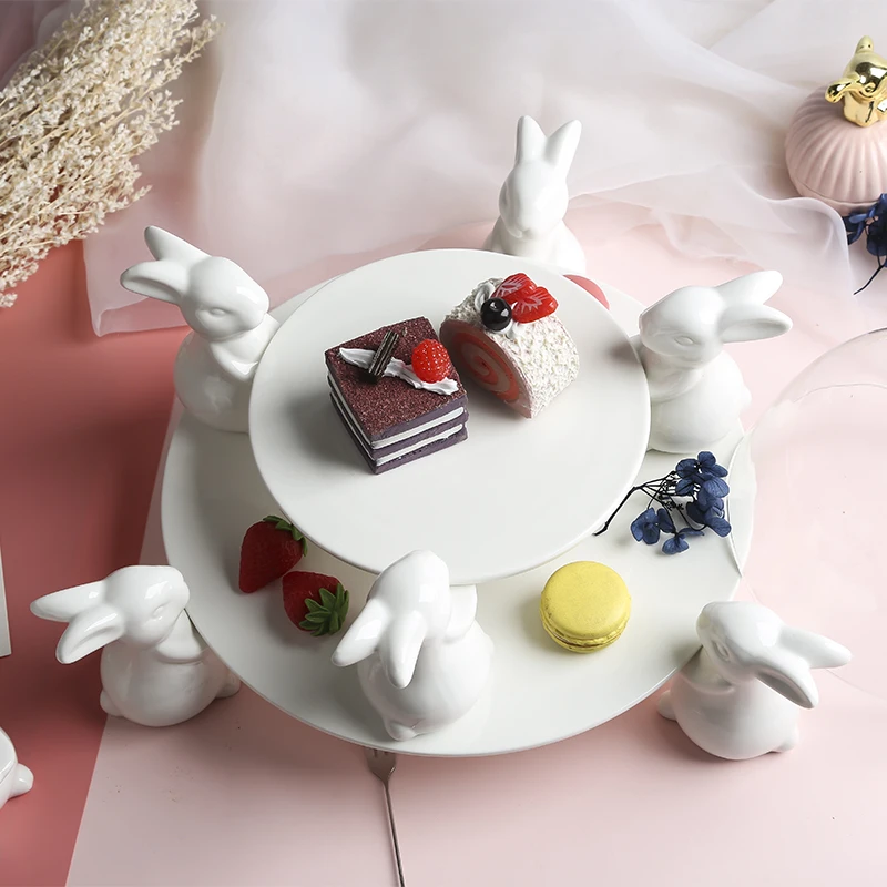 White Porcelain Rabbit Dessert Plate Household Fruit Cake Plate Banquet Tabletop Ceramic Display Plates Cute Animal Rabbit Tray