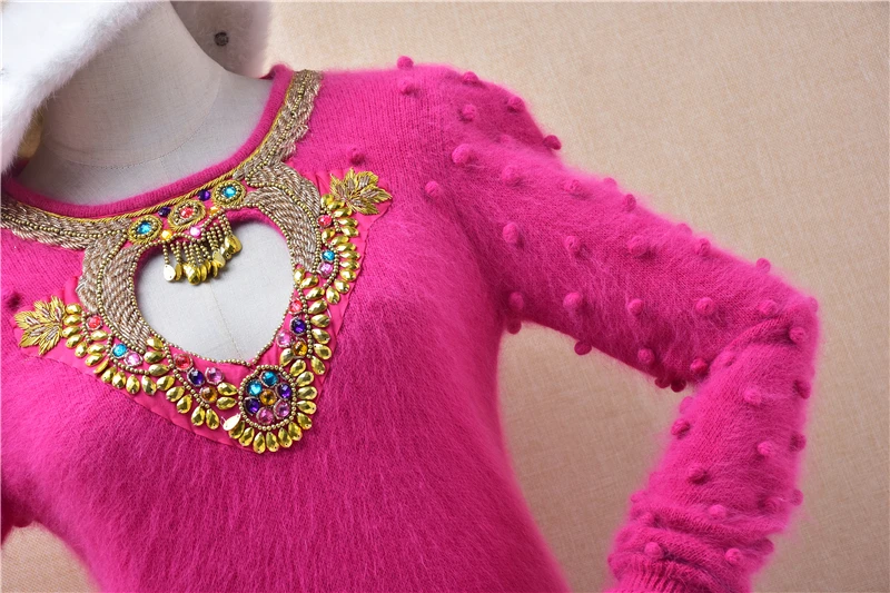 Women Mujer Vintage Beading Crochet Angora Rabbit Hair Knitted O-Neck Long Sleeves Slim Blouses Pullover Sweater Jumper Pull Top - view 3