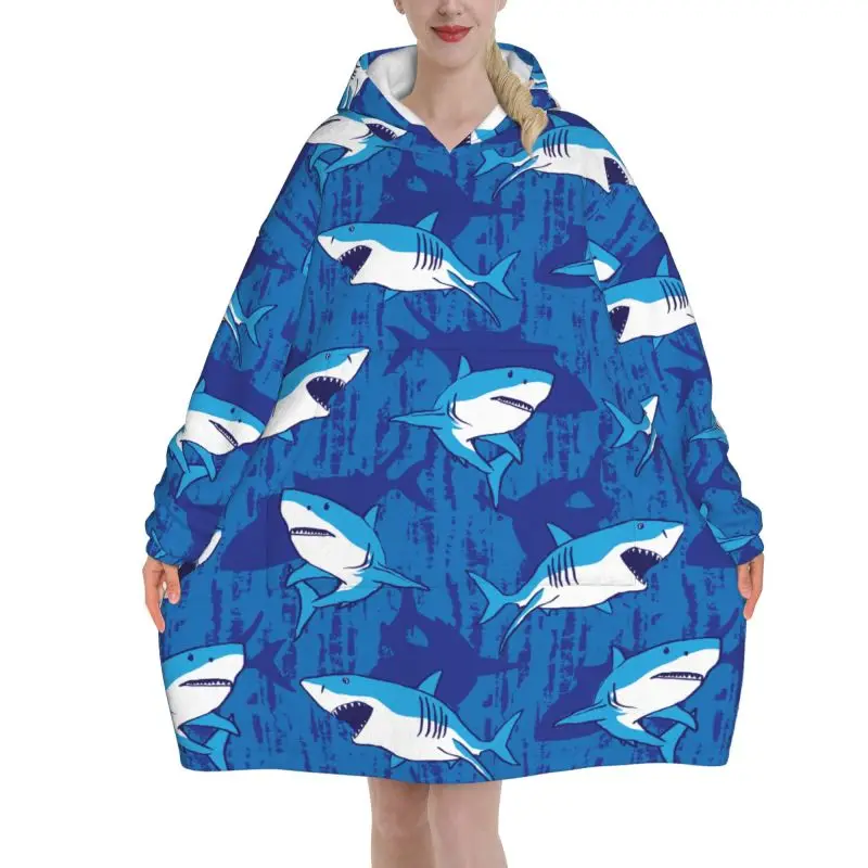 Wearable Blanket Hoodie Cartoon Sharks Print Oversized Sweatshirts Blanket Warm Cozy Flannel Fleece Sherpa Blankets with Pockets