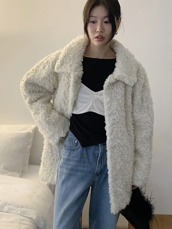 

Корейское теплое пальто из искусственного меха с воротником, женское пальто средней длины премиум-класса, зимнее новое поступление, верхняя одежда