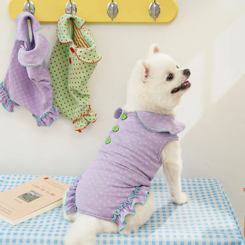 Cotton Polka Dot Dog Onesie for Small Breeds, 4-Legged Full Body Jumpsuit with Bow Tie Collar, Spring Summer Pet Puppy Pajamas