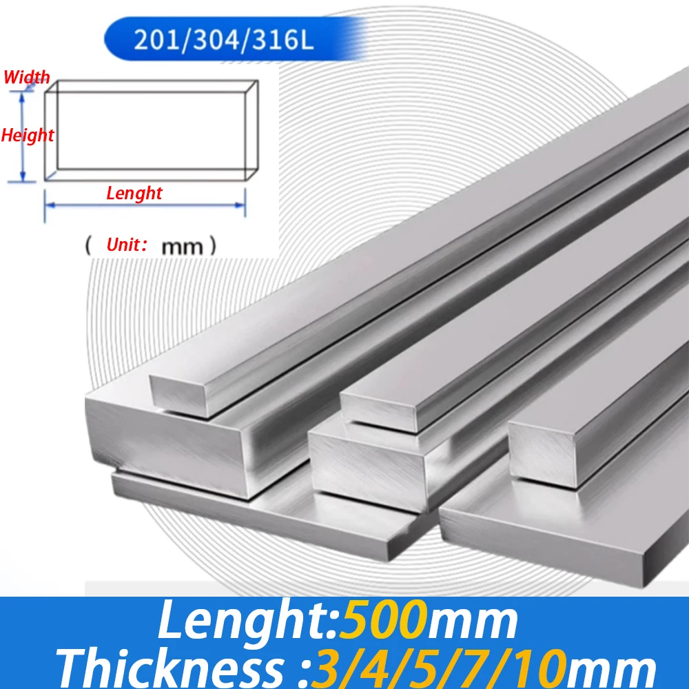 1pcs 316L / 201 Stainless Steel Flat Steel Lenght 500mm Thickness 3mm 4mm 5mm 7mm 10mm Flat Bar Width 15/30/40/50mm Tools Part