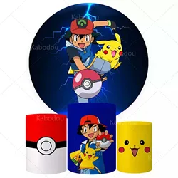 Pokemons Round Backdrop Blue Kids Birthday Party Decoration Photography Background Baby Shower Cylinder Cover Studio Props