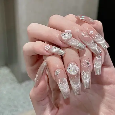 고가치 헬로 키티 손으로 만든 네일웨어 네일 플래시 프렌치 매직 미러 캣츠아이 네일 패치 롱