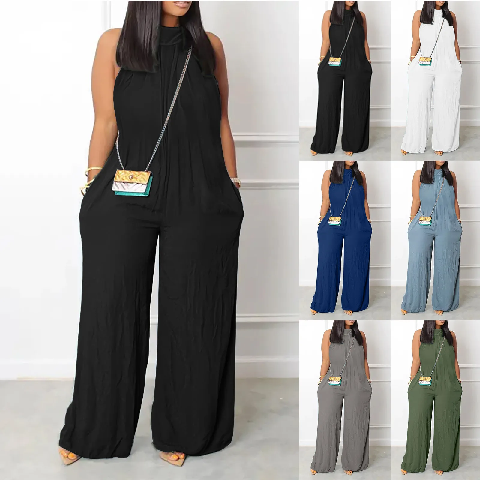 Women'S Plus Size Jumpsuit Summer Beach Sleeveless Solid Round Neck Casual Loose Wide Leg Jumpsuits Daily Commute Comfy Rompers