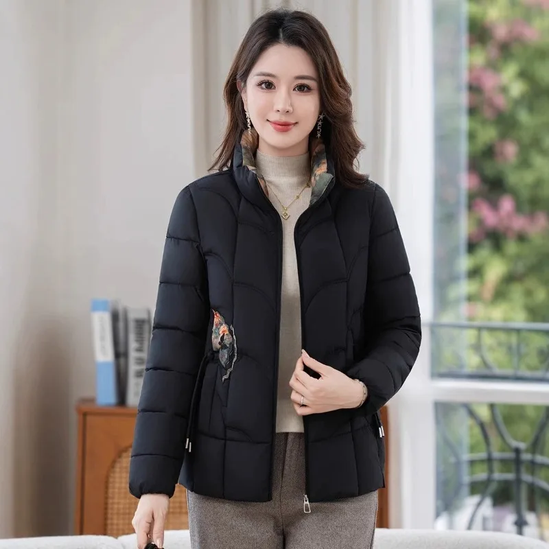 Women Quilted Padded Coat Short Stand Collar Zip Up Embroidered Thickened Thermal Insulated Windproof Winter Outerwear Chinese
