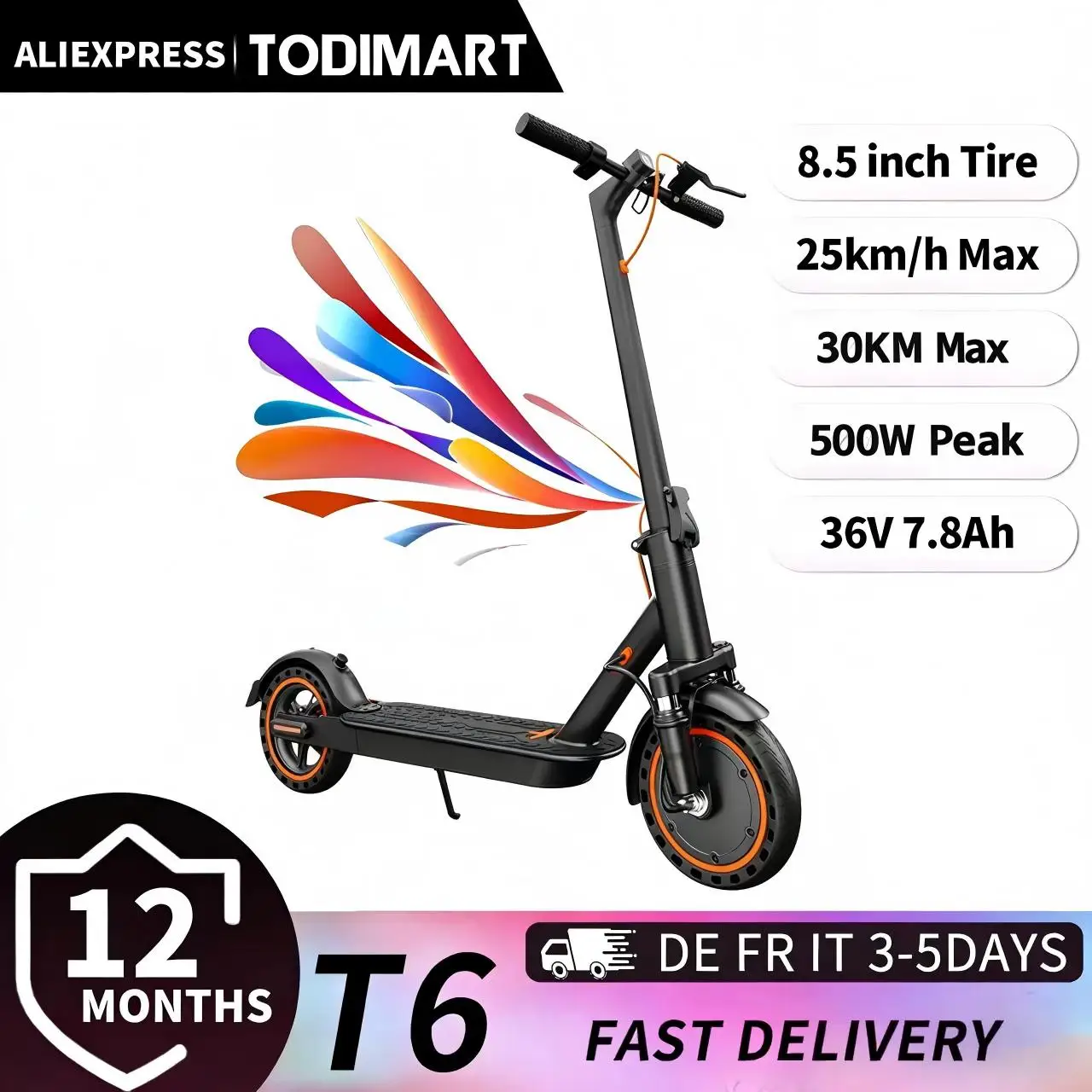 TODIMART T6 Elektroroller für Erwachsene, 30-35 km Reichweite, 25 km/h, 500W bürstenloser Motor, niedriger Gewichtsbelastungsschutz, Dual-Stoßdämpfer, Anti-Diebstahl-App