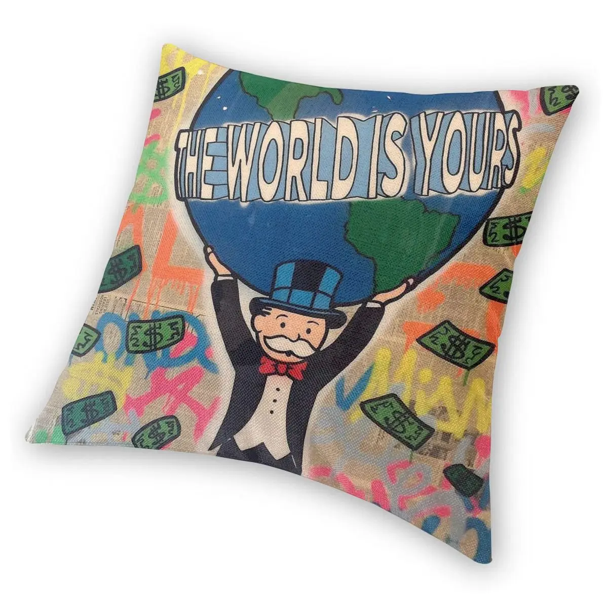 غطاء وسادة مربع مخملي من الكتان والبوليستر الاحتكاري ، غطاء وسادة منزلي مزخرف بسحاب مطبوع ، العالم لك