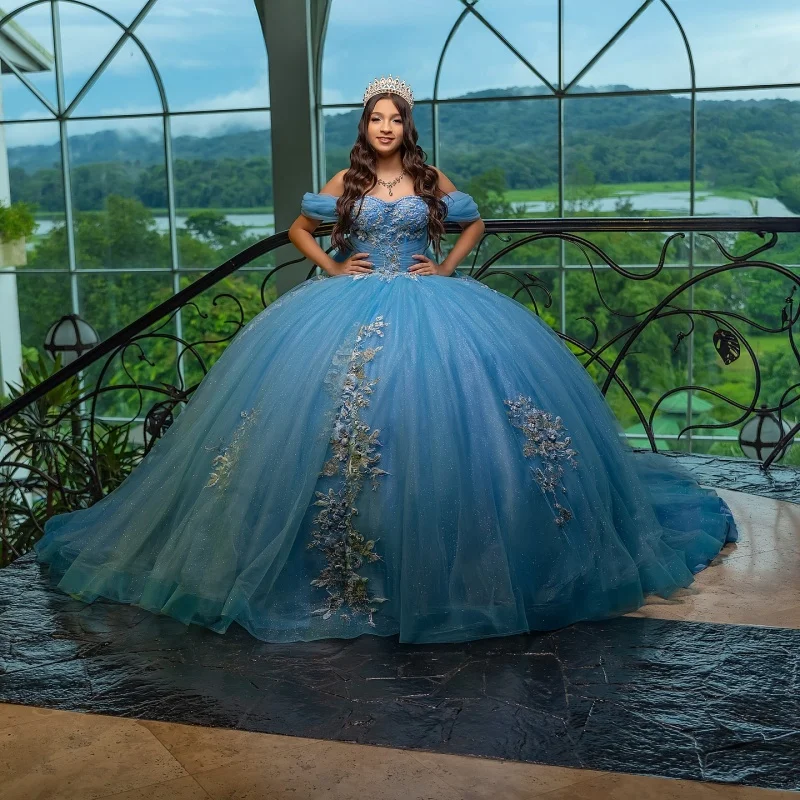 

Shiny blue Quinceanera Dress Lace Tull glitter decal crystal Long tail 3D flower vestidos de 15 Quinceanera ﻿Customized