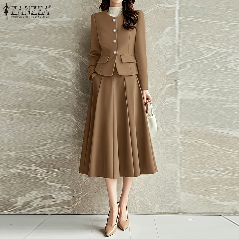 Elegant Office 2 Pieces Sets ZANZEA 2026 Spring Outfits Women Long Sleeve Blouse Dress Suit Stylish Solid OL Work Skirt Sets