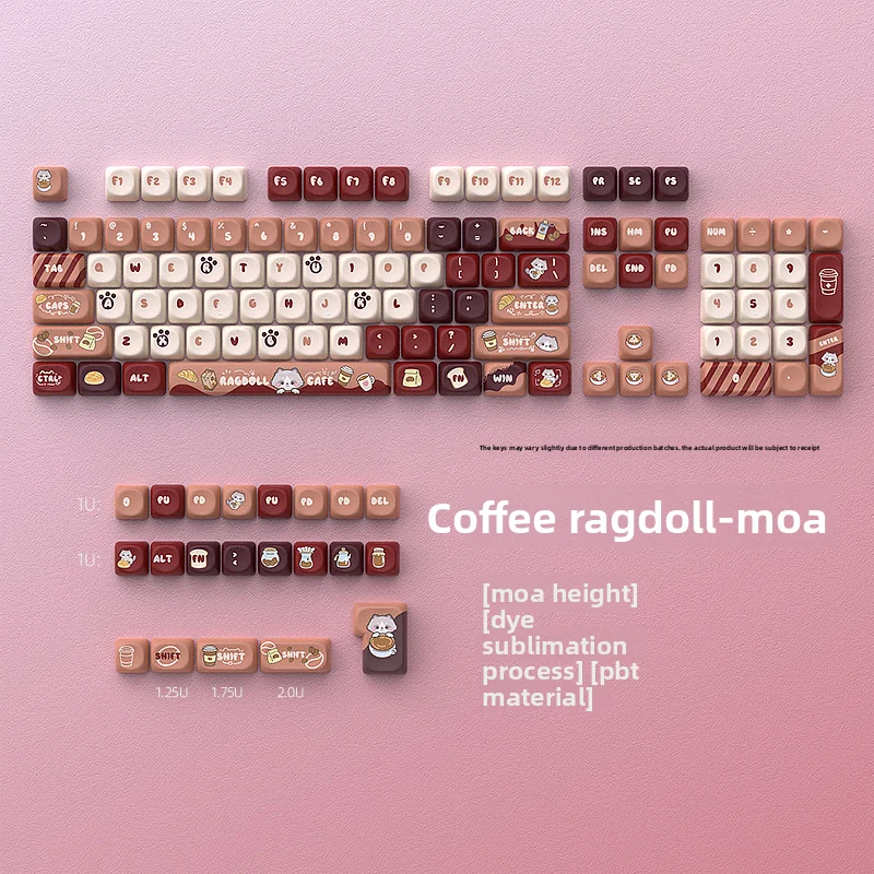 Coffee Ragdoll Cat Theme Keycaps - MOA Sublimation 131 Keys Full Set for Mechanical Keyboard Customization