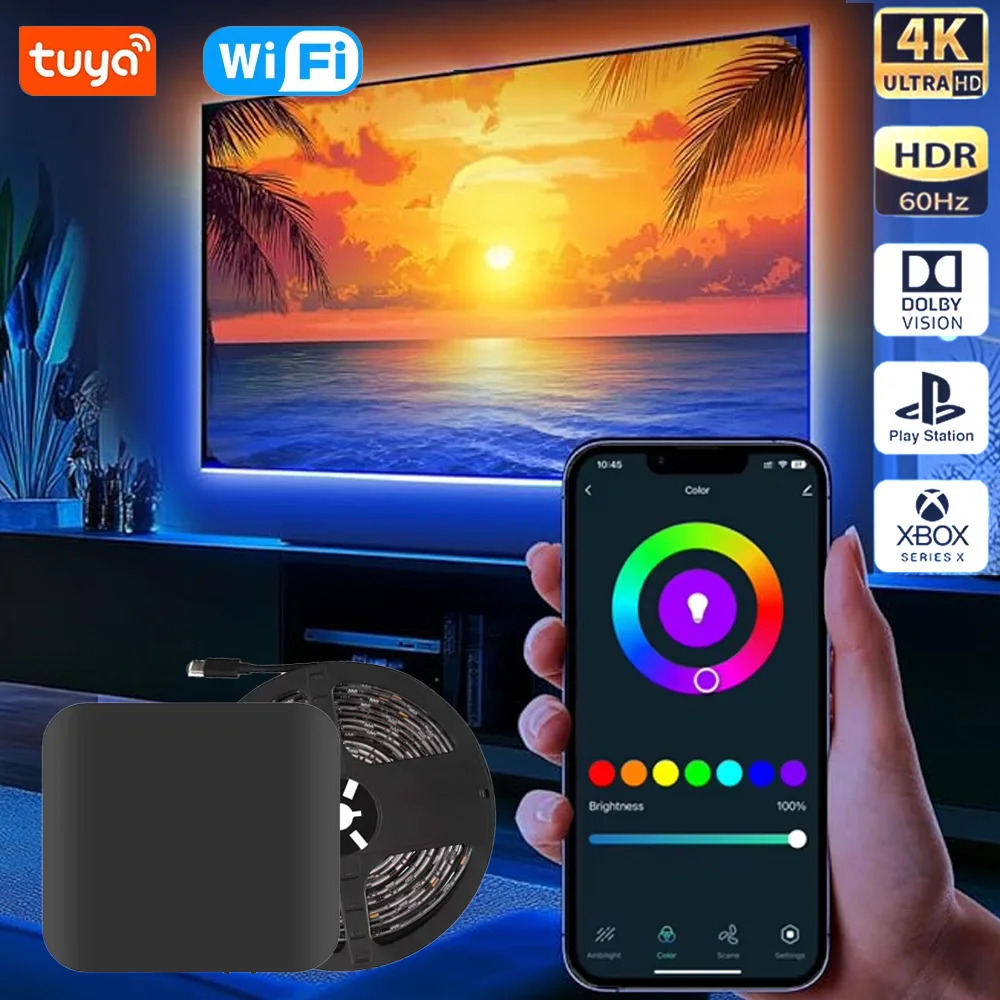 Tuya Smart Life Wifi Ambient Lighting TV Backlight HDMI 2.0 Device Sync Box Led Strip Light Backlight Lamp For Alexa Google Home