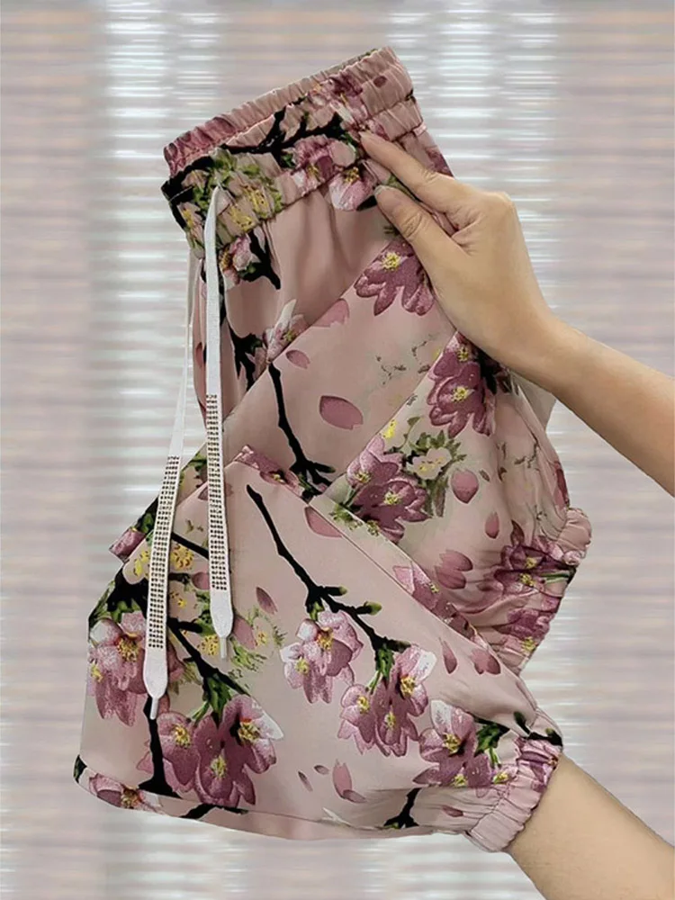 Ice Silk Loose Casual Pants Women's High Waist Cuffed Floral Nine Points Harlan Pants Summer New Style Slimming Effect