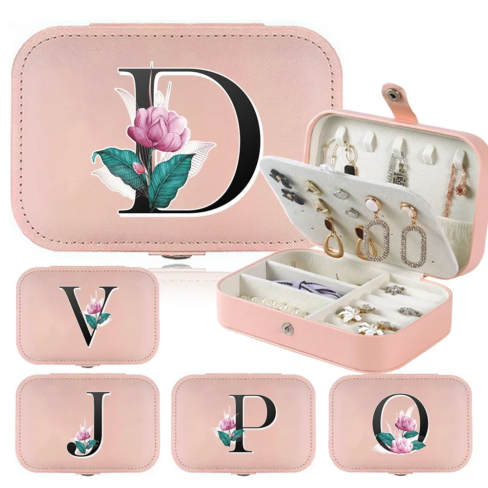 

Earrings Storage Bag Jewelry Box Desktop Drawer Necklace Ring Holder PU Leather Jewel Organizer Letters Black Letters and Flower