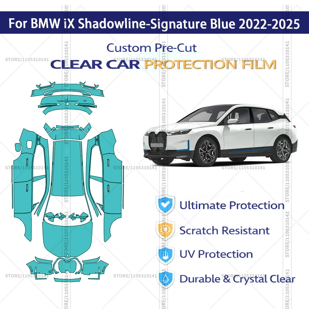 

Для BMW iX Shadowline-Signature Blue 2022-2025: Предварительно вырезанная прозрачная защитная пленка PPF для автомобиля