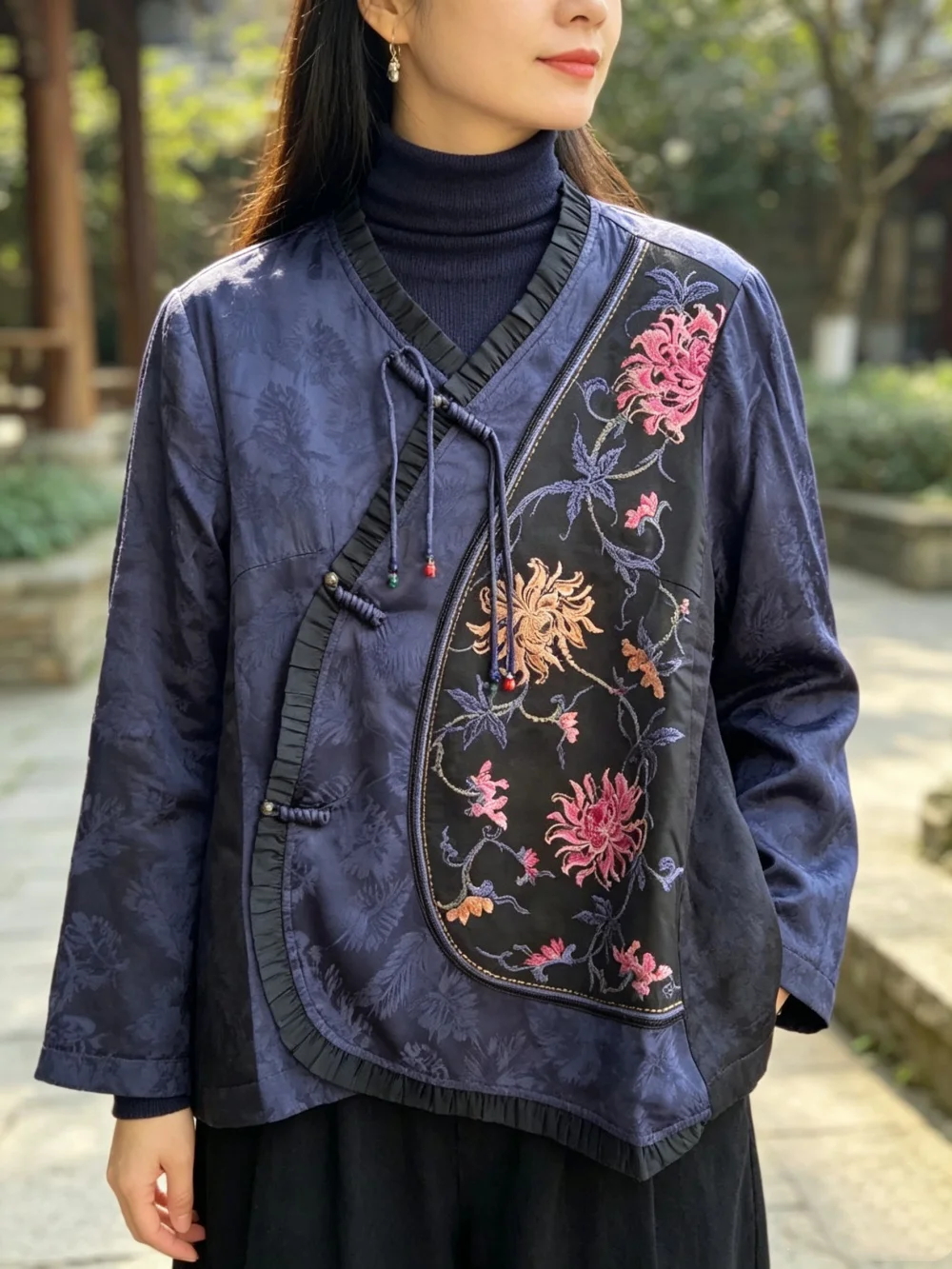 National style winter clothes Blue embroidery Short cotton jacket Warm coat Fashion vintage Women tops Luxury designer
