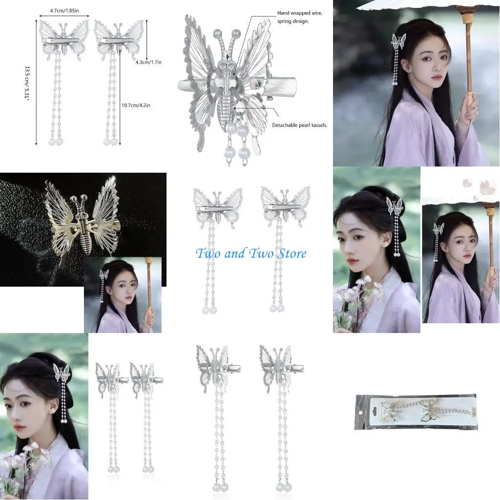 

HX6F Long Tassels Hairclip Non-Slip Clip Butterfly Hair Pin Hanfu Costume Accessory