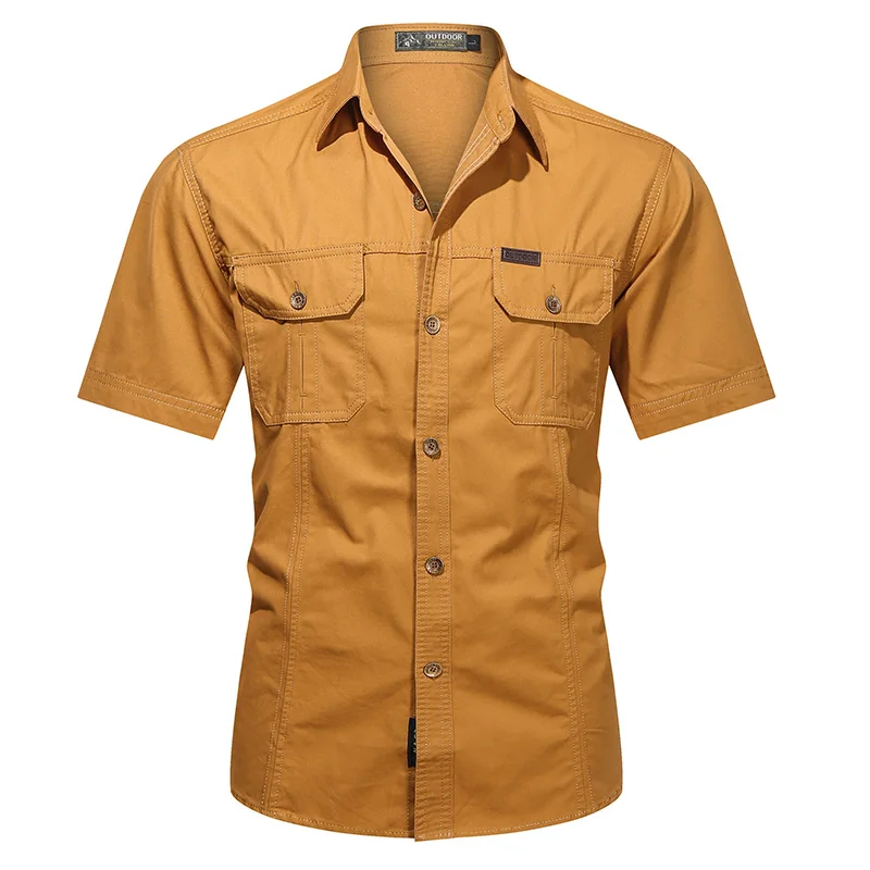 Summer men's thin short sleeved shirts, men's outdoor work clothes, multi bag half sleeved tops, pure cotton washed shirts