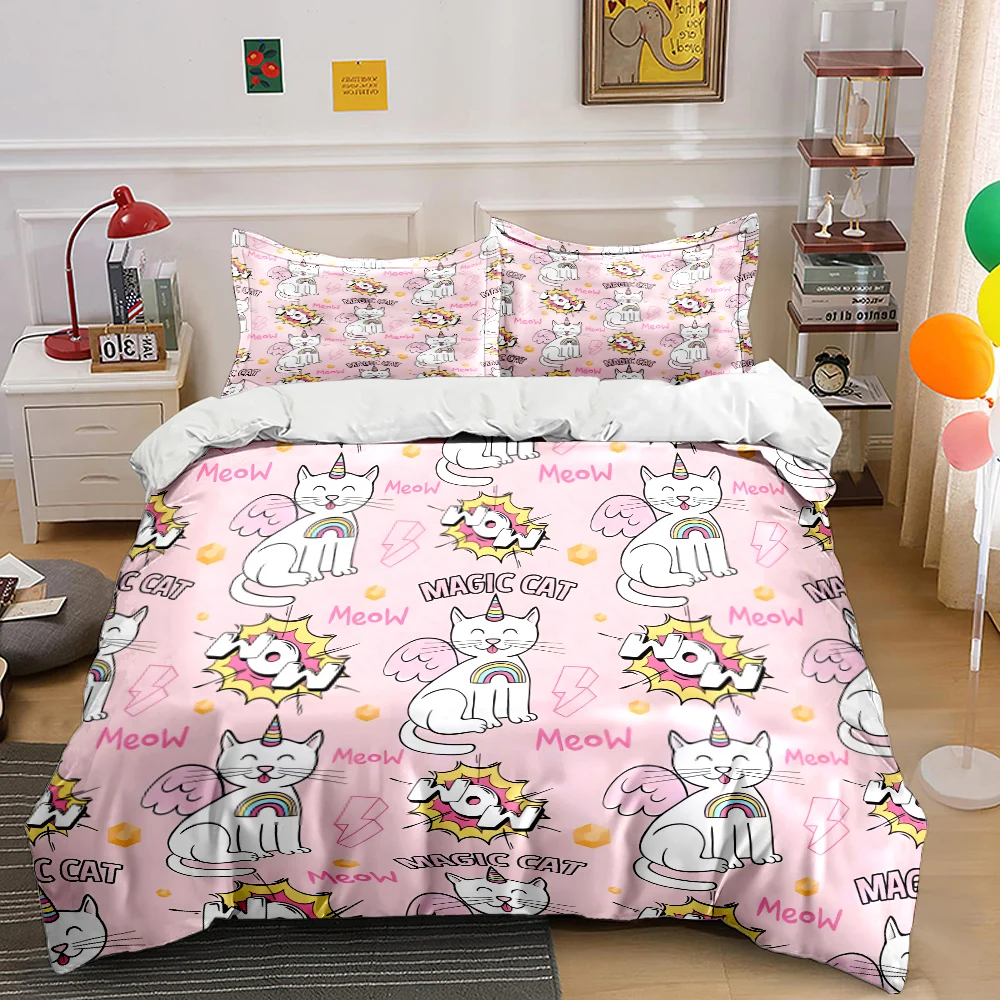 Magic unicorn cats and rainbow background Print Bedding Set 1 Duvet Cover 2 Pillowcases for Adult Children Luxury Gift Full Size