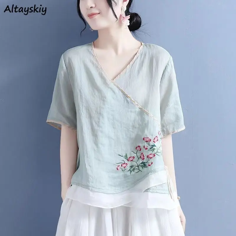 

One Piece Shirts Women Half Sleeve 3XL Buckles Floral Embroidery Chinese Folk Style Summer Breathable Tender Leisure Daily Loose