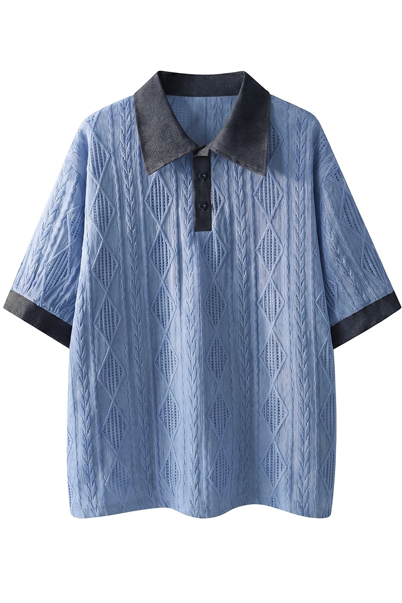 2026 Summer New Style Men's Short-Sleeved Classic Contrasting Collar Trendy Shirt with Open-Weave Texture and Breathable Comfort
