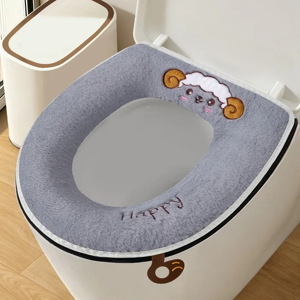 Universal Warm Zippered Toilet Seat Cover Soft Thick Toilet Gasket Removable Cartoon Toilet Mat RV Bathroom