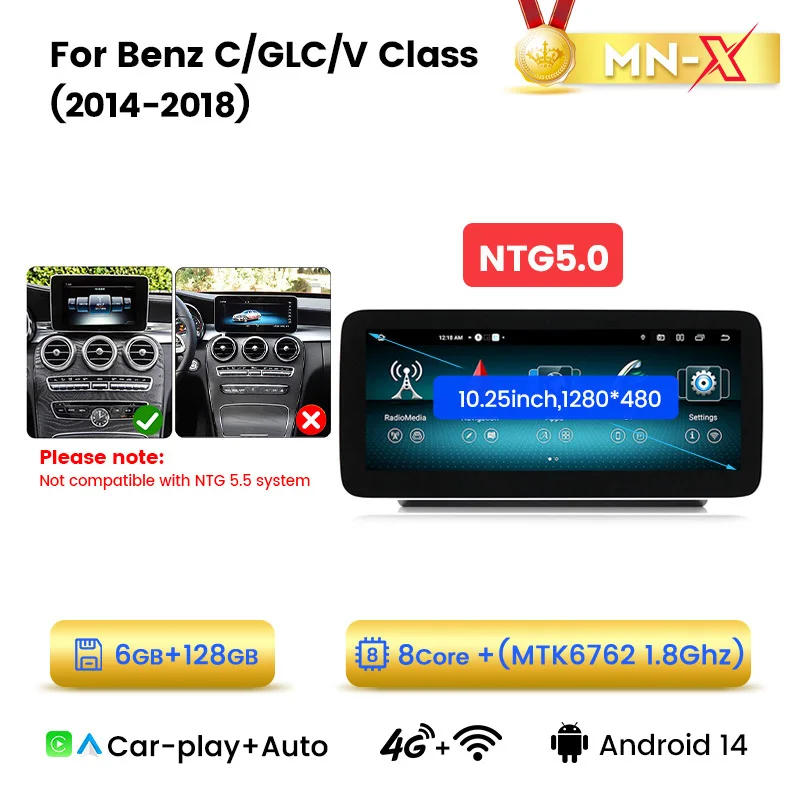 Navifly Android 14 Auto Auto Gps Navigatie Stereo Radio Voor Mercedes-Benz C-Klasse W205 Glc X253 V-Klasse W446 Draadloze Carplay 4G