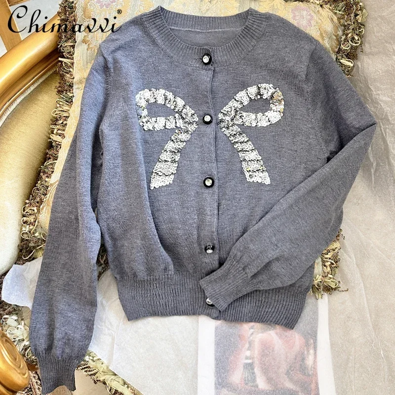 

2024 Autumn and Winter New Fashion Knitted Cardigan Thin French Heavy Industry Embroidered Sequined Bow Sweater Coat Women