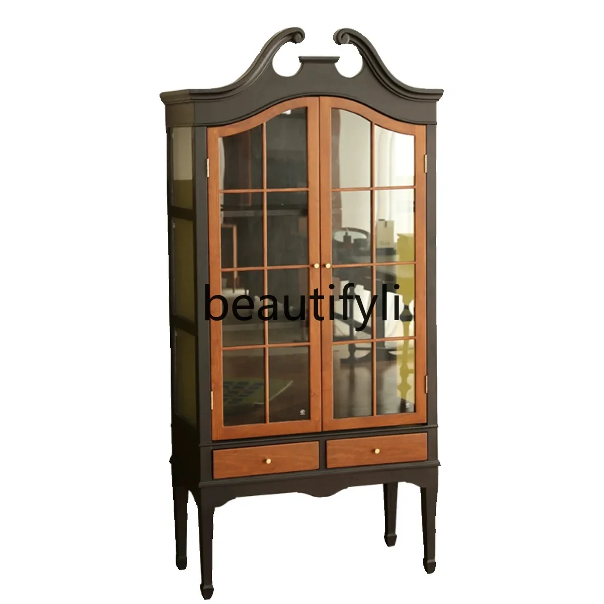 Solid Wood Sideboard Storage Cabinet French Retro Mid-Century Nanyang Style Storage Cabinet Glass American Country Style