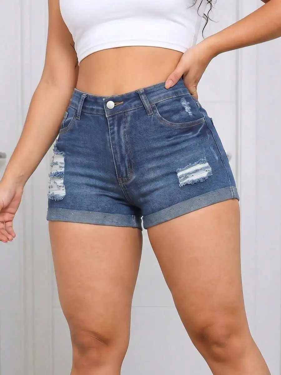 

Womens Distressed Ripped Denim Shorts Cuffed Hem Slim Fit Stretchy Casual Streetwear
