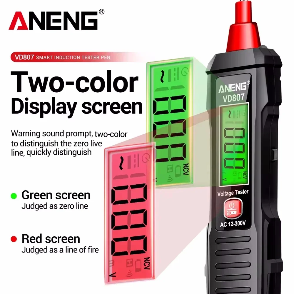 Imagem -02 - Caneta Elétrica Inteligente Detector de Tensão Alarme de Som e Luz sem Contato Zero Fire Wire Tester Medidor 12300v Aneng-vd807