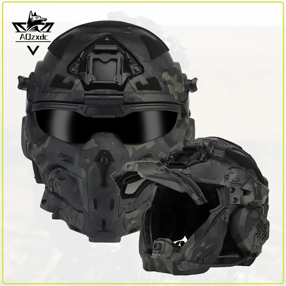 

Tactical Protective Full-Face Helmet Armor Set Airsoft Paintball Adjustable Helmet with Headset Mask Goggles for CS Sports Games