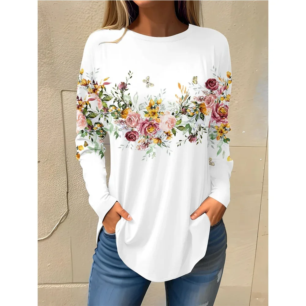 

Autumn Winter Long Sleeves Korean Fashion O-neck T-shirt For Women Floral Print T-shirts Ladies Casual Top Tee Woman Clothes