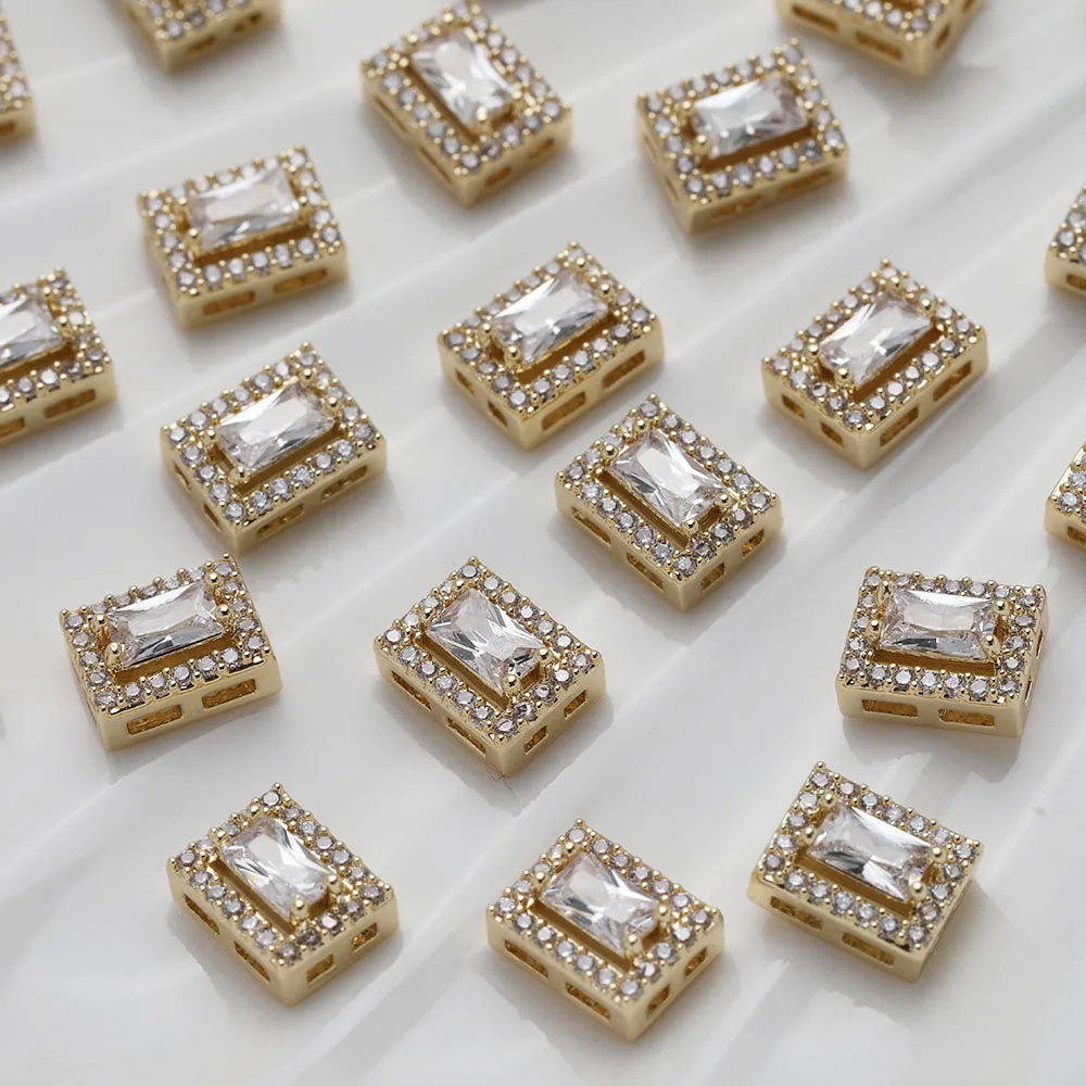 4PCS 14K Gold Plated Oval Aquare Rectangular Beads Brass Inlaid Zircon Jewelry DIY Making Supplies Accessories