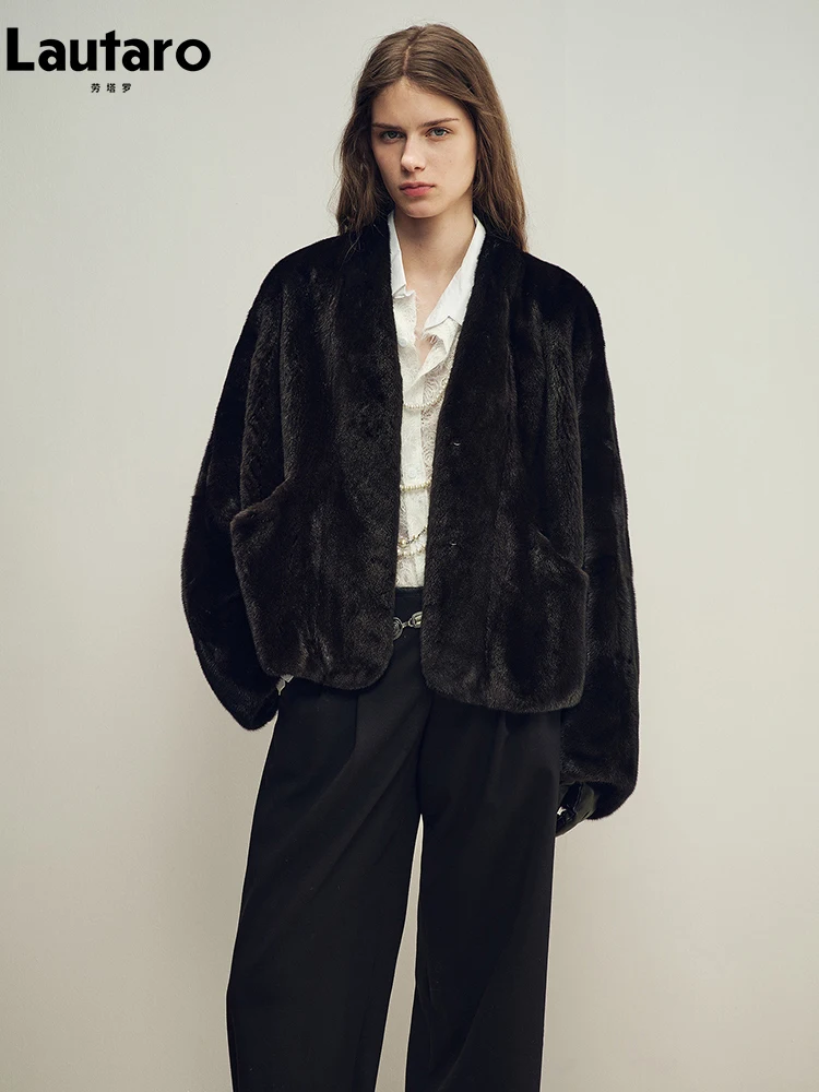Lautaro Autumn Winter Thick Warm Soft Short Black Faux Mink Fur Coat Women V Neck Batwing Sleeve Elegant Luxury Fluffy Jacket