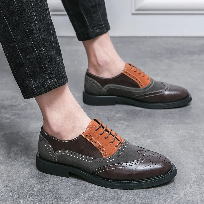 Classic Brand Men's Brogue Oxford Dress Shoes Spliced Suede Leather Formal Wedding Footwear Sizes 38-46 Office Casual Shoes