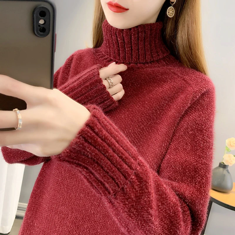 المرأة عالية الياقة Thiened المنك المخملية سترة فضفاضة Fce اصطف كسول Sle محبوك أعلى دافئ دافئ لون نقي تخفيف #3