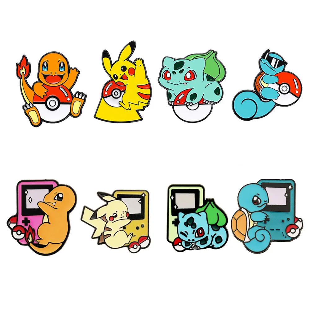 4/8-teiliges Pokemon-Starter-Charakter-Set mit Pokeball-Emaille-Pins, Pikachu, Charmander, Bulbasaur, Squirtle, Anstecknadel für Fans, Geschenke